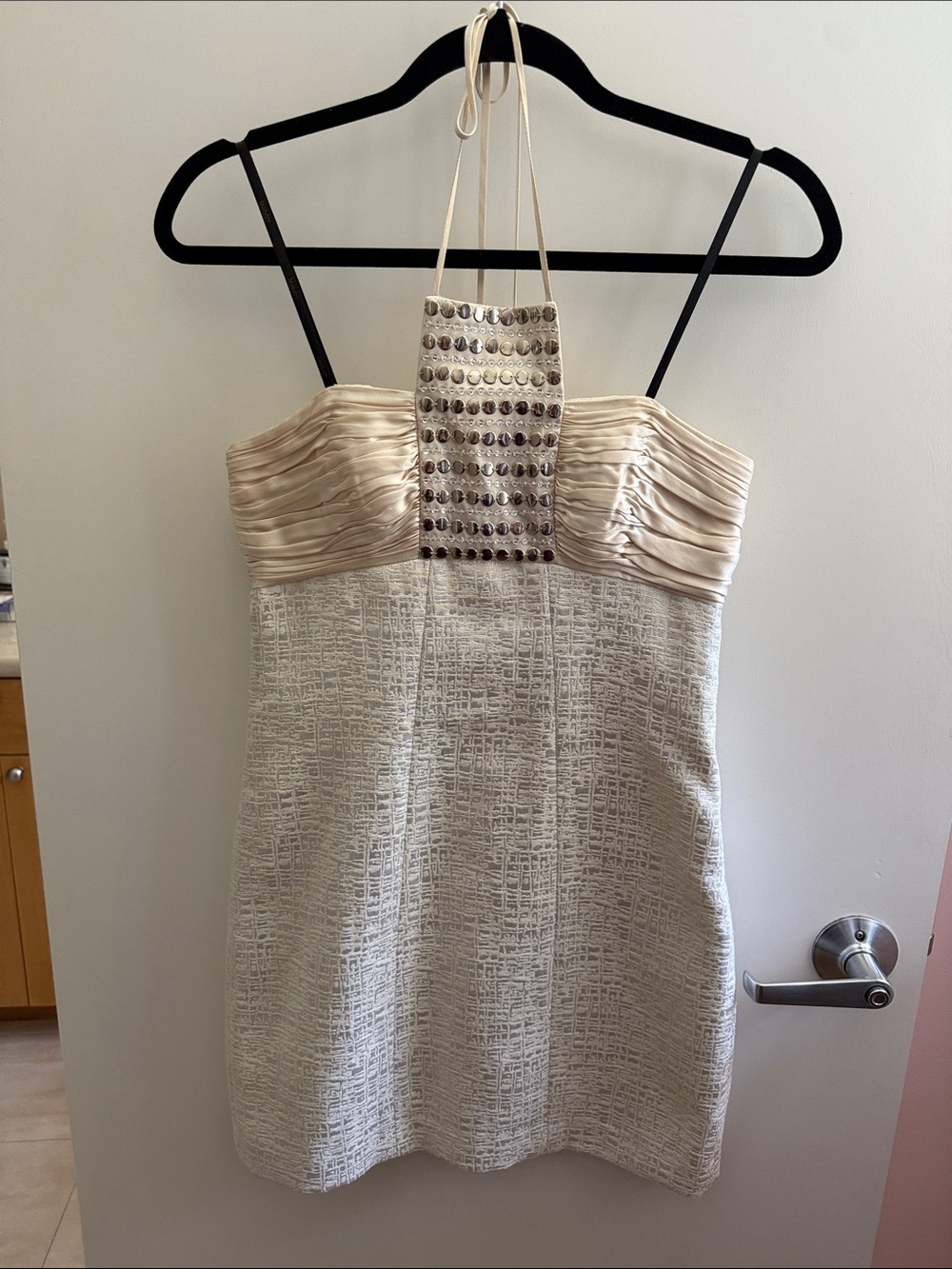 Laundry By Shelli Segal Cream Halter Cocktail Dress with Beaded Placket